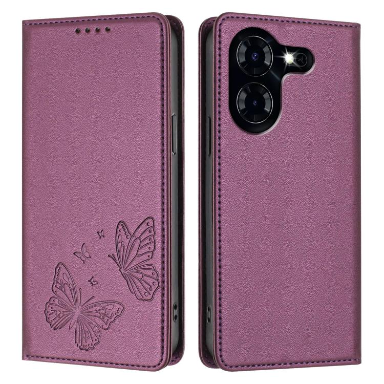 For Tecno Pova 5 4G Strong Magnetic Dual Butterfly RFID Vegan Leather Phone Case