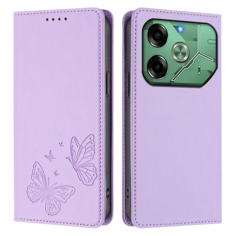 For Tecno Pova 6 Neo 4G Strong Magnetic Dual Butterfly RFID Vegan Leather Phone Case