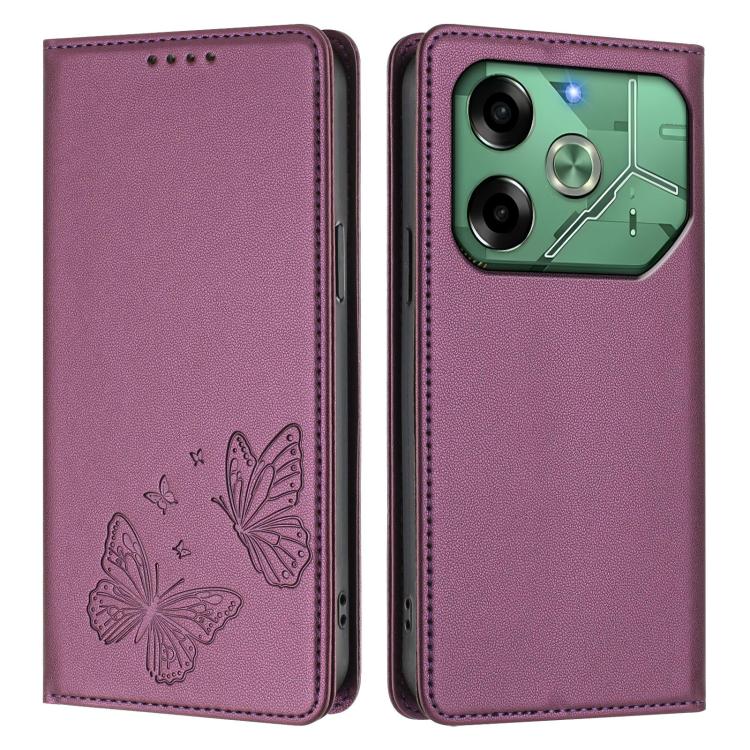 For Tecno Pova 6 Neo 4G Strong Magnetic Dual Butterfly RFID Vegan Leather Phone Case