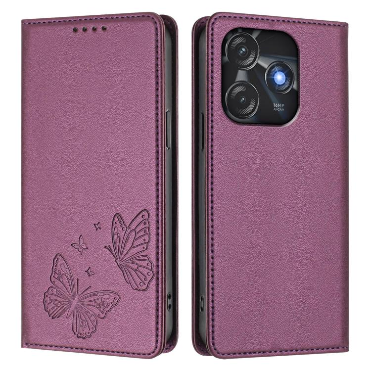 For Tecno Spark 10 4G / Spark 10C Strong Magnetic Dual Butterfly RFID Vegan Leather Phone Case