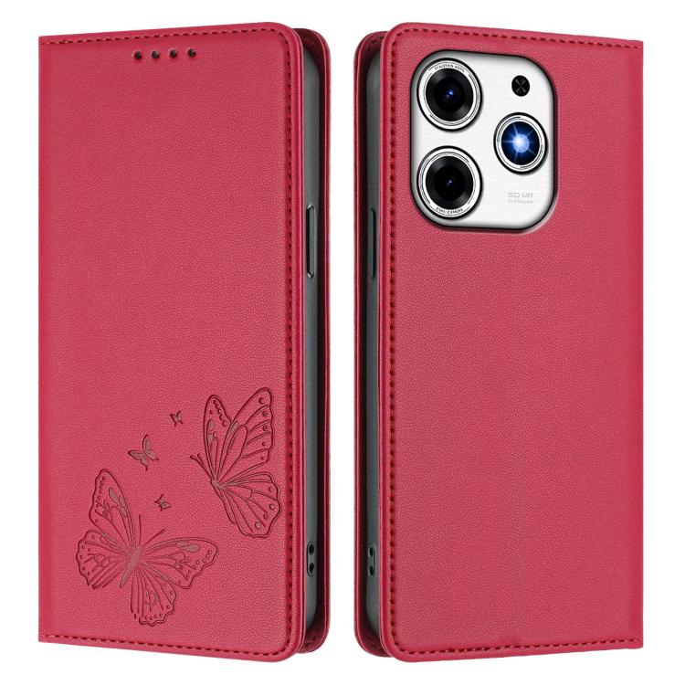 For Tecno Spark 10 Pro Magic Magenta Strong Magnetic Dual Butterfly RFID Vegan Leather Phone Case