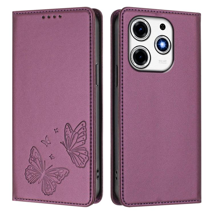 For Tecno Spark 10 Pro Magic Magenta Strong Magnetic Dual Butterfly RFID Vegan Leather Phone Case