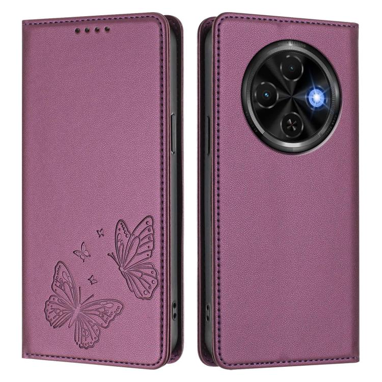 For Tecno Spark 30C Strong Magnetic Dual Butterfly RFID Vegan Leather Phone Case