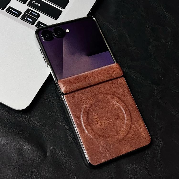 For Samsung Galaxy Z Flip7 Integrated Magnetic Axis Crazy Horse Texture Phone Case with Magnetic Ring