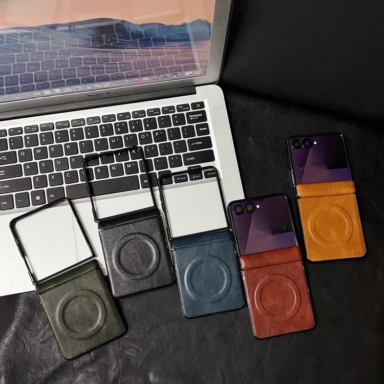 For Samsung Galaxy Z Flip7 Integrated Magnetic Axis Crazy Horse Texture Phone Case with Magnetic Ring