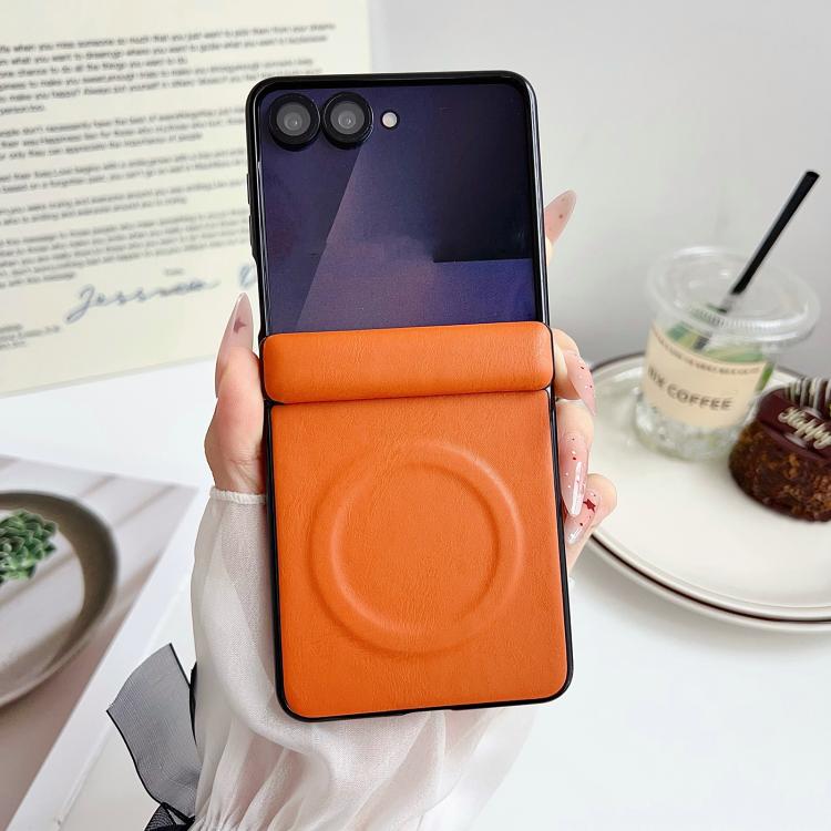 For Samsung Galaxy Z Flip7 Integrated Magnetic Axis Solid Color Leather Texture Phone Case with Magnetic Ring