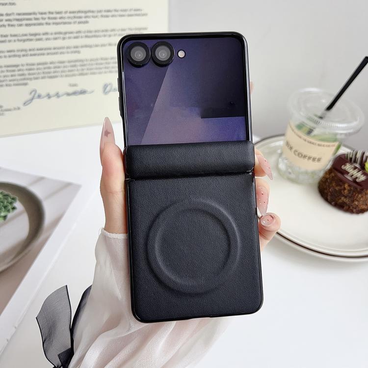For Samsung Galaxy Z Flip7 Integrated Magnetic Axis Solid Color Leather Texture Phone Case with Magnetic Ring