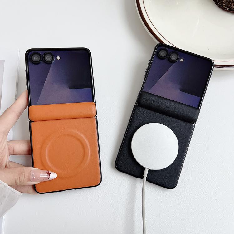 For Samsung Galaxy Z Flip7 Integrated Magnetic Axis Solid Color Leather Texture Phone Case with Magnetic Ring