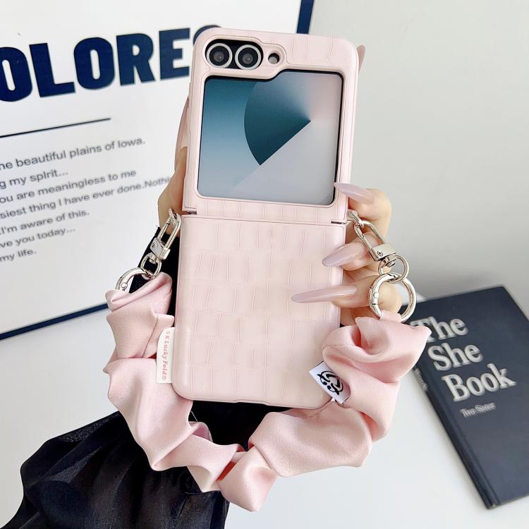 For Samsung Galaxy Z Flip6 5G / Flip7 FE Crocodile Pattern Side Buckle PC Phone Case with DIY Fabric Chain
