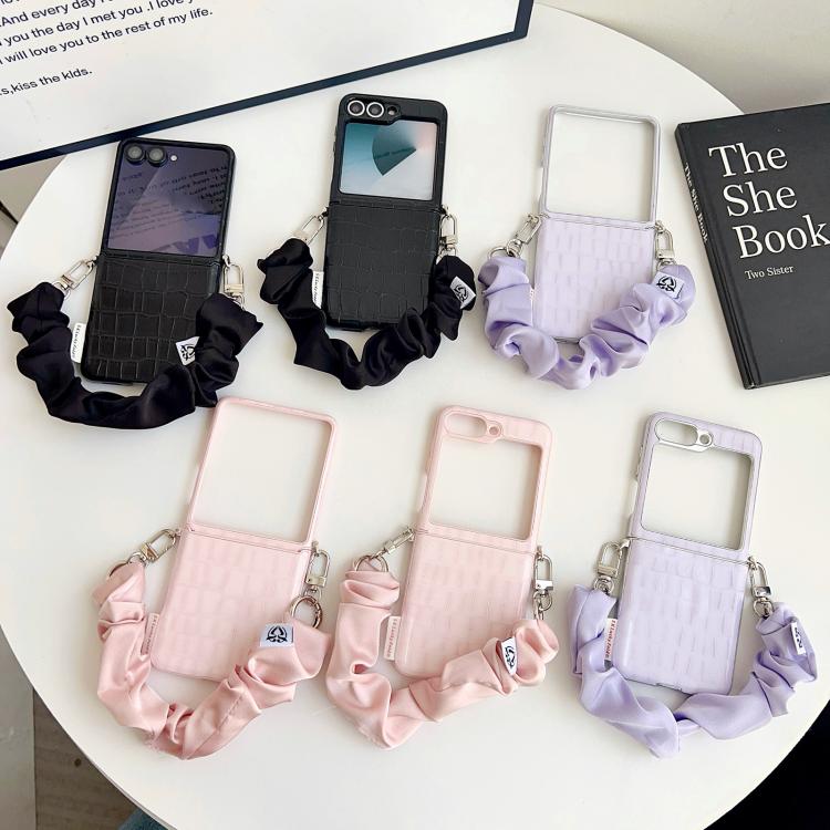 For Samsung Galaxy Z Flip7 5G Crocodile Pattern Side Buckle PC Phone Case with DIY Fabric Chain