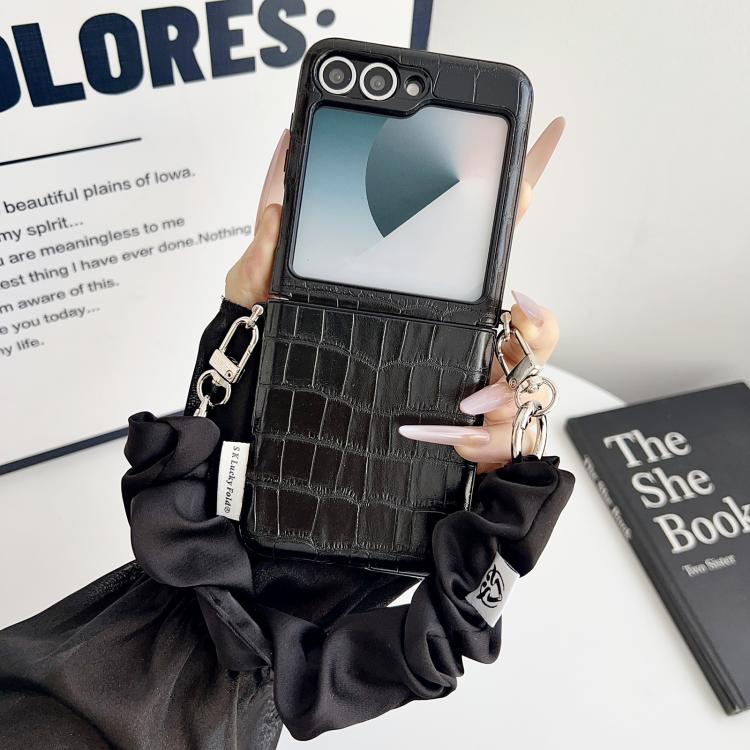 For Samsung Galaxy Z Flip5 5G Crocodile Pattern Side Buckle PC Phone Case with DIY Fabric Chain