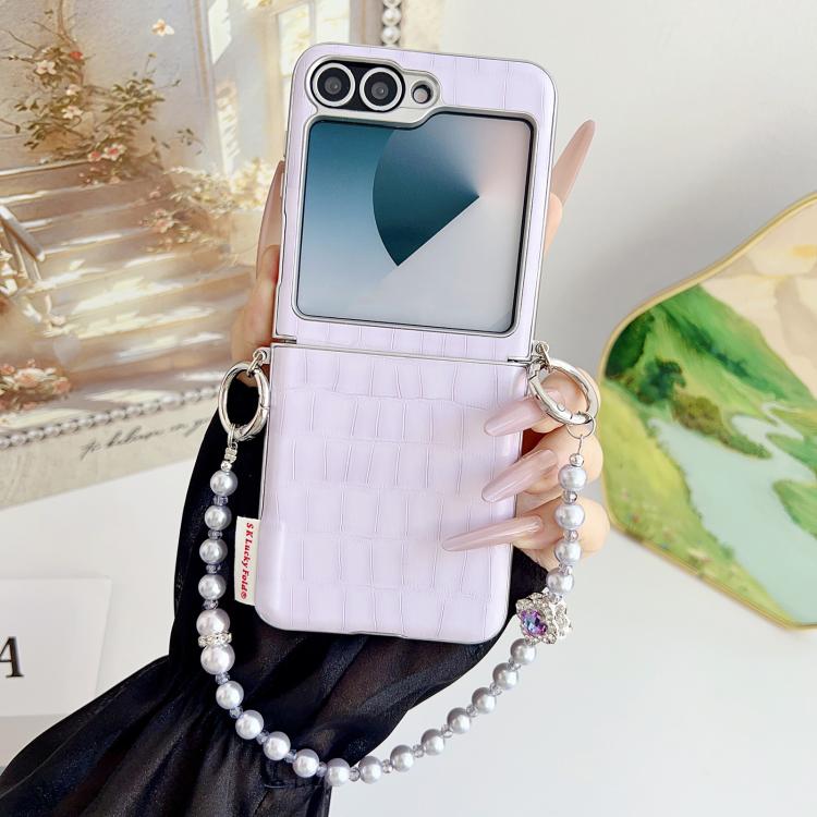 For Samsung Galaxy Z Flip6 5G / Flip7 FE Crocodile Pattern Side Buckle PC Phone Case with DIY Bead Chain