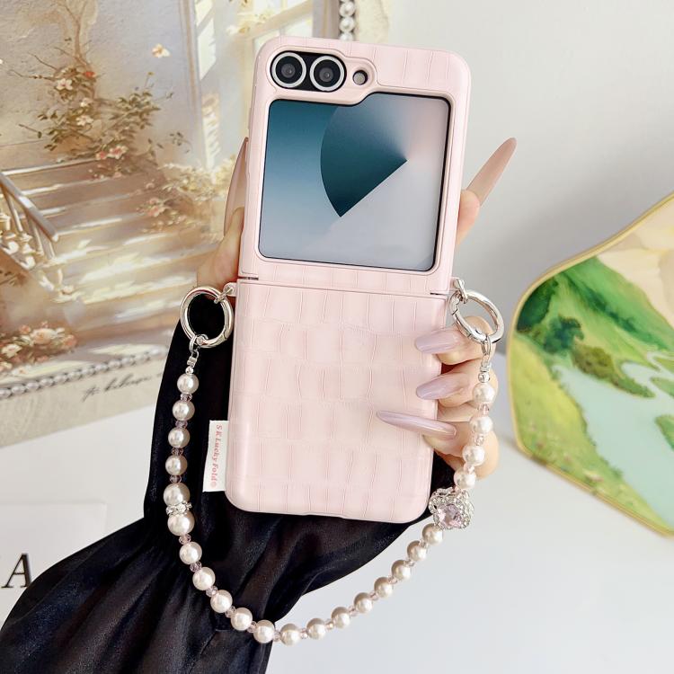 For Samsung Galaxy Z Flip6 5G / Flip7 FE Crocodile Pattern Side Buckle PC Phone Case with DIY Bead Chain