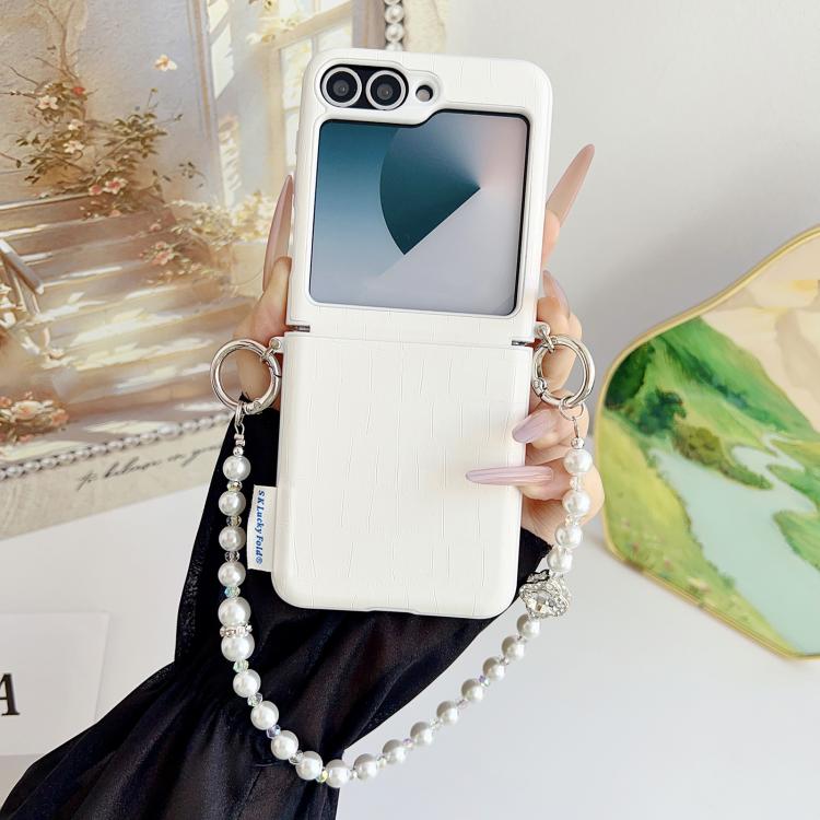 For Samsung Galaxy Z Flip6 5G / Flip7 FE Crocodile Pattern Side Buckle PC Phone Case with DIY Bead Chain