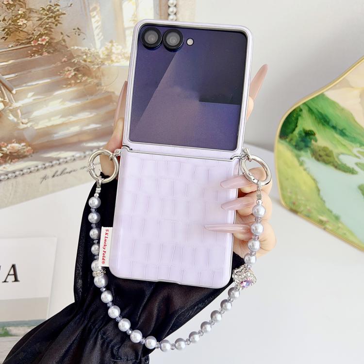 For Samsung Galaxy Z Flip7 5G Crocodile Pattern Side Buckle PC Phone Case with DIY Bead Chain
