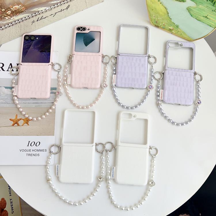 For Samsung Galaxy Z Flip5 5G Crocodile Pattern Side Buckle PC Phone Case with DIY Bead Chain