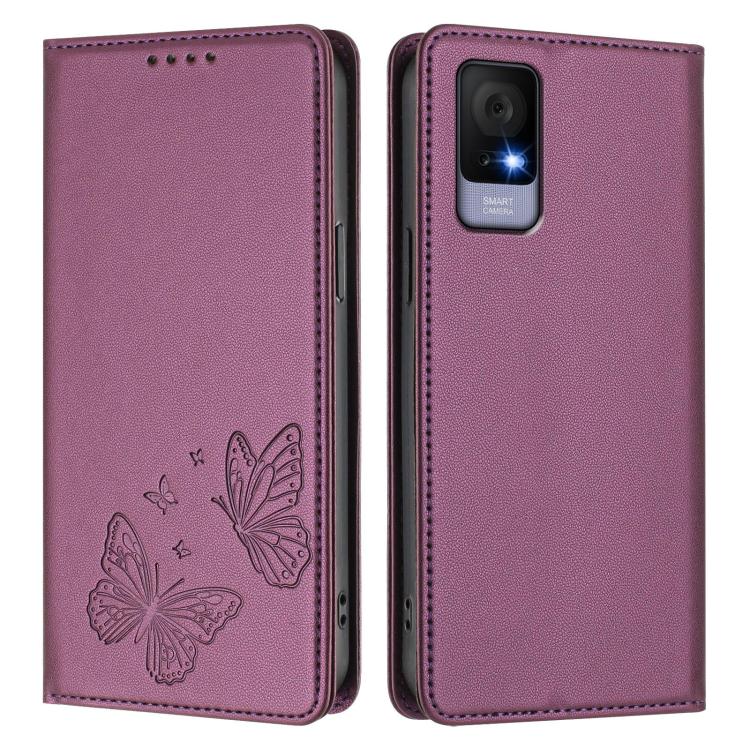 For TCL 406 / 406s / 408 Strong Magnetic Dual Butterfly RFID Vegan Leather Phone Case
