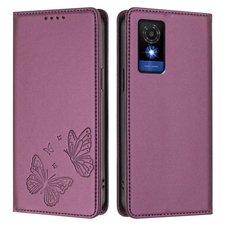 For TCL 501 Strong Magnetic Dual Butterfly RFID Vegan Leather Phone Case