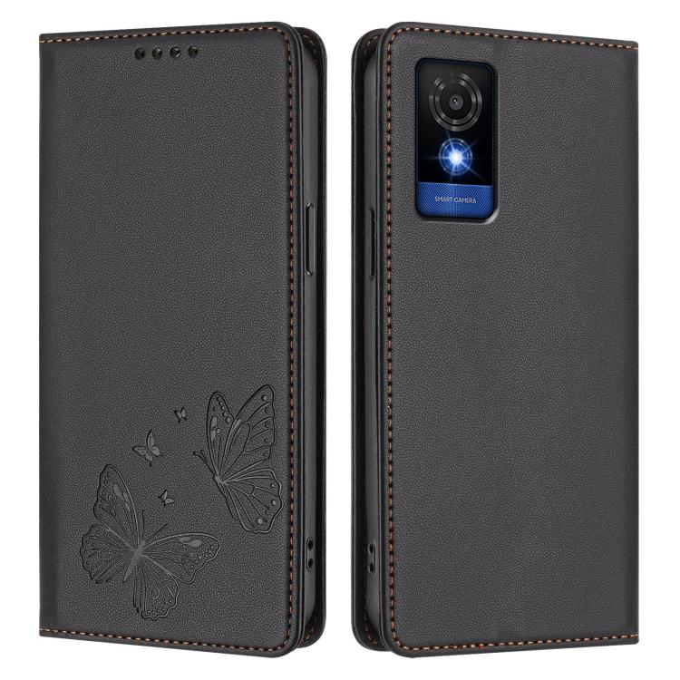 For TCL 501 Strong Magnetic Dual Butterfly RFID Vegan Leather Phone Case