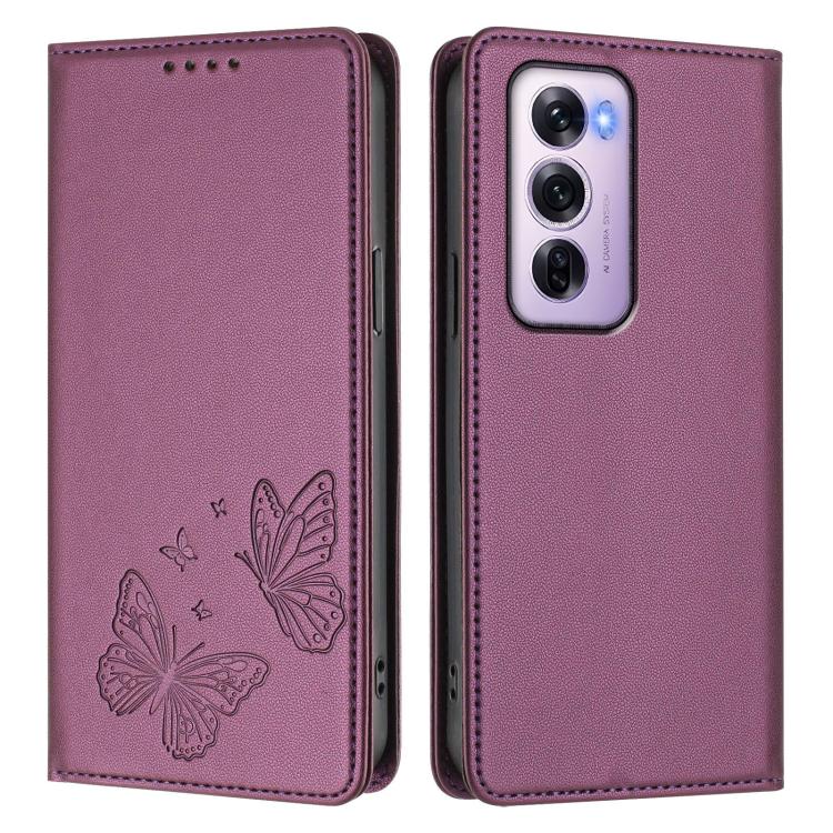 For OPPO Reno12 Pro Global Strong Magnetic Dual Butterfly RFID Vegan Leather Phone Case