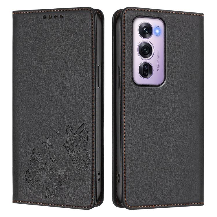 For OPPO Reno12 Pro Global Strong Magnetic Dual Butterfly RFID Vegan Leather Phone Case