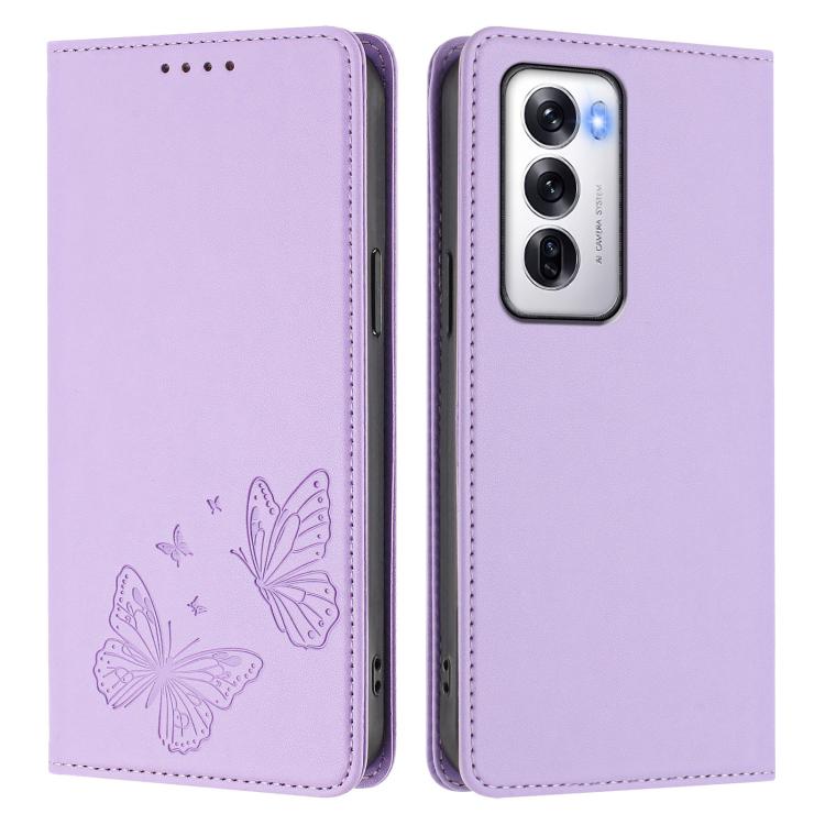 For OPPO Reno12 Global Strong Magnetic Dual Butterfly RFID Vegan Leather Phone Case