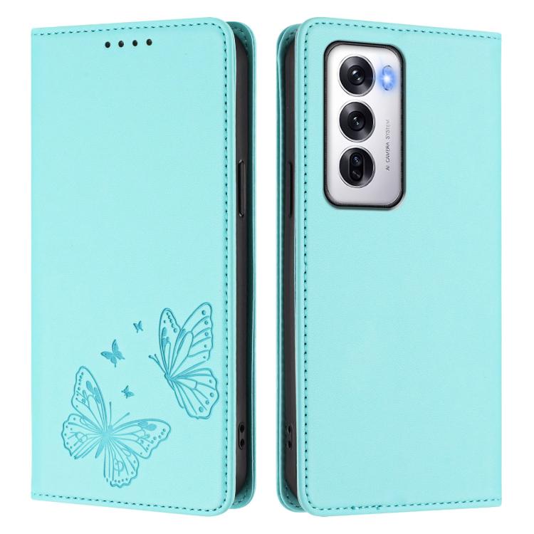 For OPPO Reno12 Global Strong Magnetic Dual Butterfly RFID Vegan Leather Phone Case