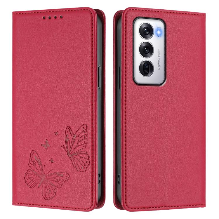 For OPPO Reno12 Global Strong Magnetic Dual Butterfly RFID Vegan Leather Phone Case