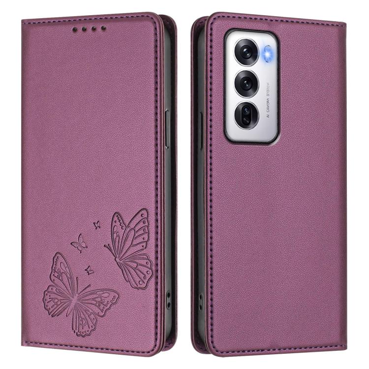 For OPPO Reno12 Global Strong Magnetic Dual Butterfly RFID Vegan Leather Phone Case