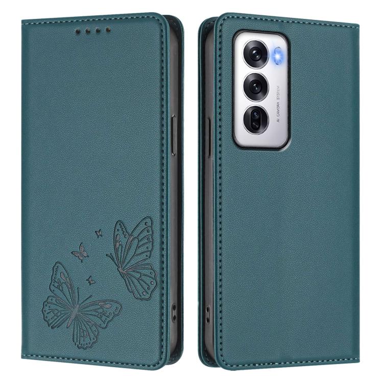 For OPPO Reno12 Global Strong Magnetic Dual Butterfly RFID Vegan Leather Phone Case