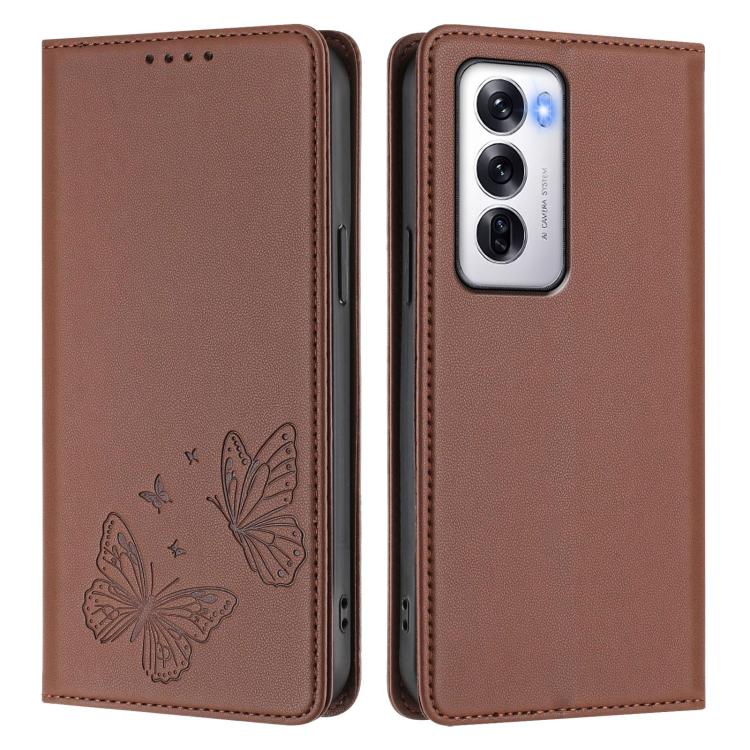 For OPPO Reno12 Global Strong Magnetic Dual Butterfly RFID Vegan Leather Phone Case