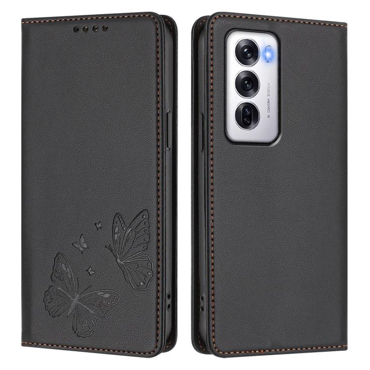 For OPPO Reno12 Global Strong Magnetic Dual Butterfly RFID Vegan Leather Phone Case