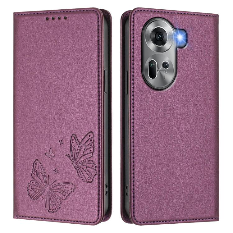 For OPPO Reno11 Global Strong Magnetic Dual Butterfly RFID Vegan Leather Phone Case