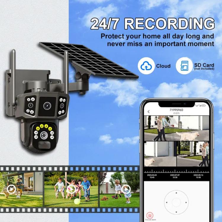 V380 Pro 3MP Panoramic Dual Lens Wireless WiFi Solar Powered Surveillance Camera - Black