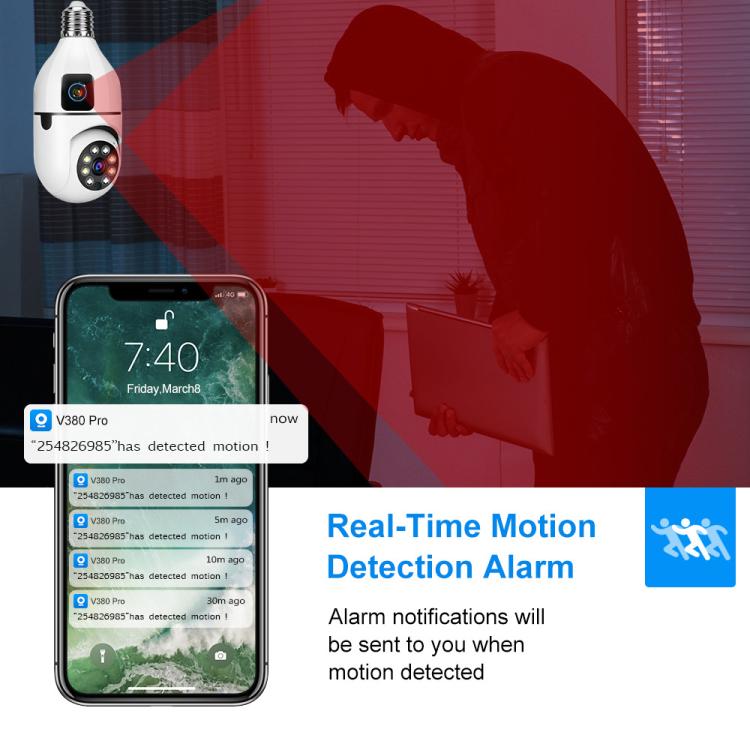 V380 Pro 4MP Full-Color Dual-Lens 2.4GHz WiFi Wireless E27 Socket Bulb Night Vision PTZ Camera - White
