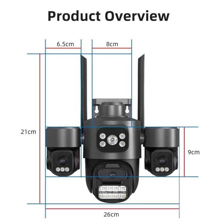 ICSee Triple-Lens 3MP Wireless WiFi Security Camera, Three-Screen Panoramic PTZ IP Camera with Full-Color Night Vision, Power Plug:US Plug - Black