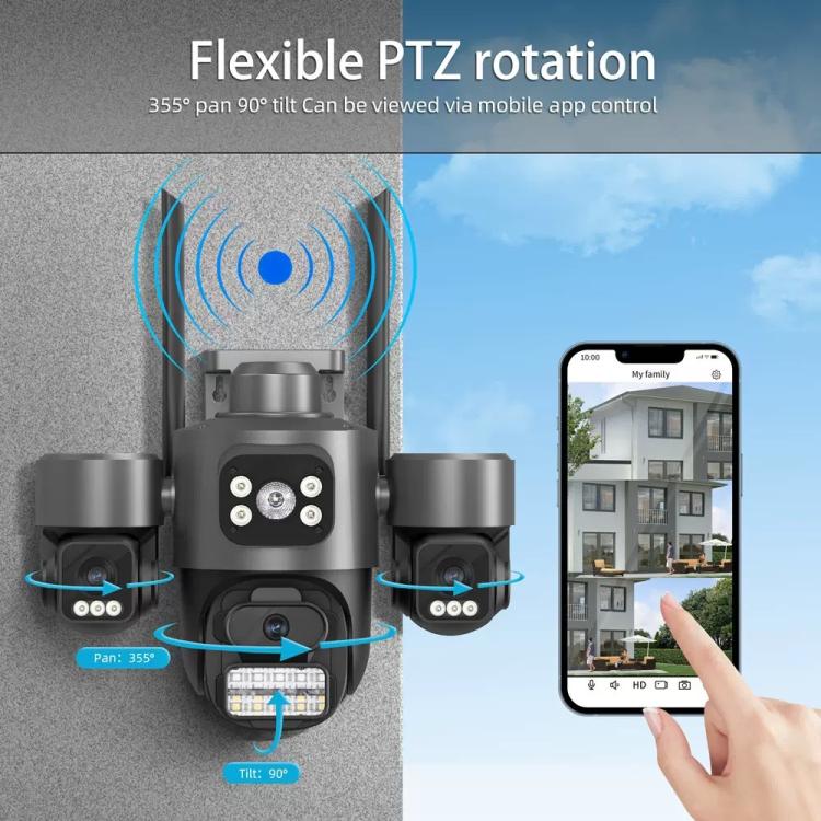 ICSee Triple-Lens 3MP Wireless WiFi Security Camera, Three-Screen Panoramic PTZ IP Camera with Full-Color Night Vision, Power Plug:US Plug - Black