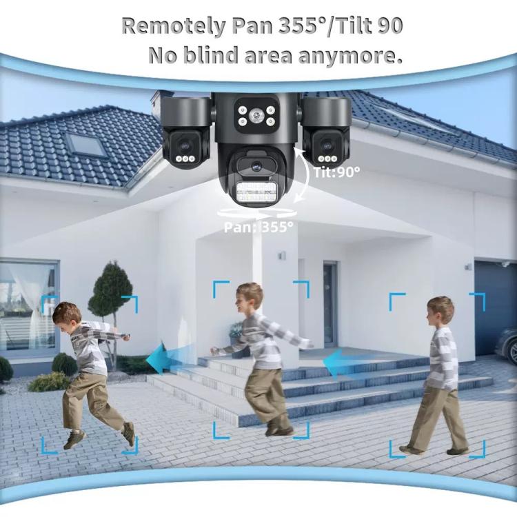 ICSee Triple-Lens 3MP Wireless WiFi Security Camera, Three-Screen Panoramic PTZ IP Camera with Full-Color Night Vision, Power Plug:US Plug - Black