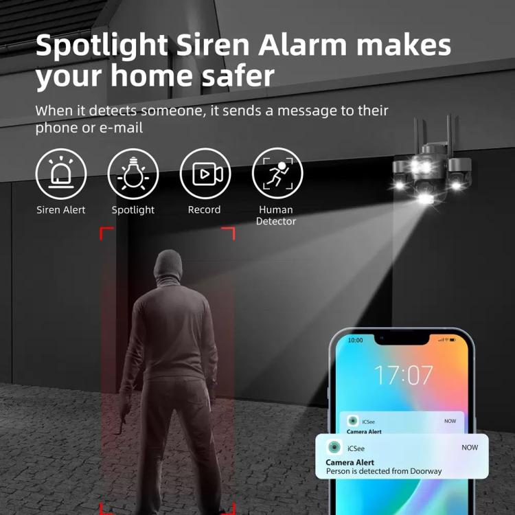 ICSee Triple-Lens 3MP Wireless WiFi Security Camera, Three-Screen Panoramic PTZ IP Camera with Full-Color Night Vision, Power Plug:US Plug - Black