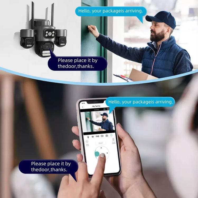 ICSee Triple-Lens 3MP Wireless WiFi Security Camera, Three-Screen Panoramic PTZ IP Camera with Full-Color Night Vision, Power Plug:EU Plug - Black