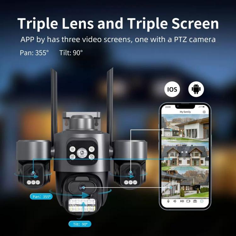 ICSee Triple-Lens 3MP Wireless WiFi Security Camera, Three-Screen Panoramic PTZ IP Camera with Full-Color Night Vision, Power Plug:EU Plug - Black