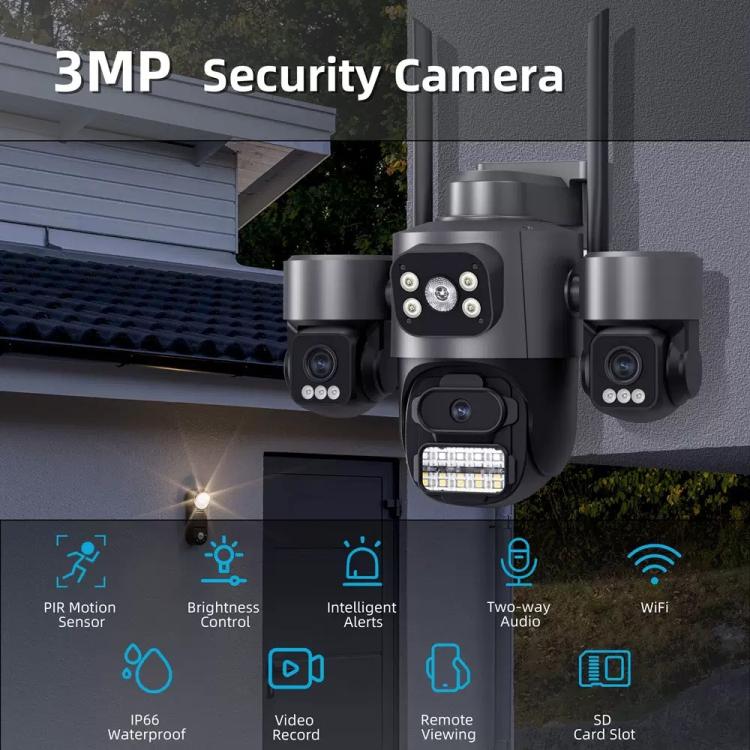 ICSee Triple-Lens 3MP Wireless WiFi Security Camera, Three-Screen Panoramic PTZ IP Camera with Full-Color Night Vision, Power Plug:EU Plug - Black
