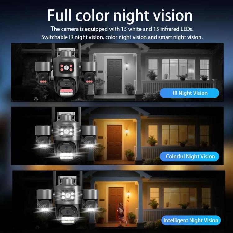 ICSee Triple-Lens 3MP Wireless WiFi Security Camera, Three-Screen Panoramic PTZ IP Camera with Full-Color Night Vision, Power Plug:EU Plug - Black