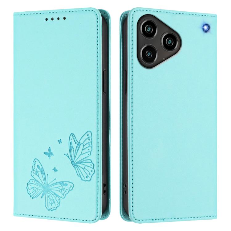 For ZTE Blade A76 4G Strong Magnetic Dual Butterfly RFID Vegan Leather Phone Case
