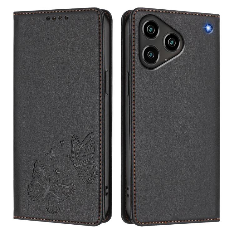 For ZTE Blade A76 4G Strong Magnetic Dual Butterfly RFID Vegan Leather Phone Case