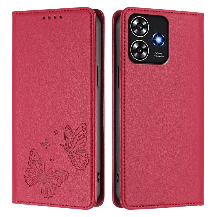 For ZTE Blade A73 4G Strong Magnetic Dual Butterfly RFID Vegan Leather Phone Case