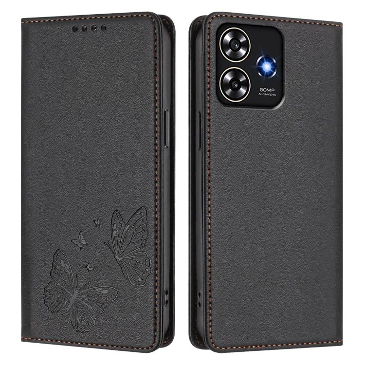 For ZTE Blade A73 4G Strong Magnetic Dual Butterfly RFID Vegan Leather Phone Case