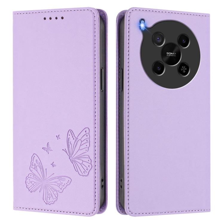 For ZTE Blade V70 Max Strong Magnetic Dual Butterfly RFID Vegan Leather Phone Case