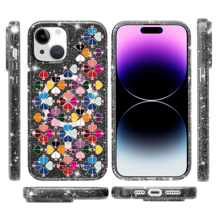 For iPhone 14 Plus Glittering Crystal Red Heart Pattern Magnetic Phone Case