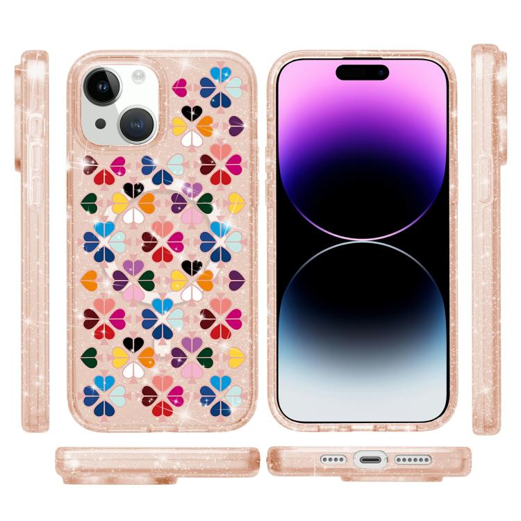 For iPhone 13 Glittering Crystal Red Heart Pattern Magnetic Phone Case